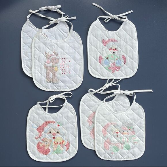 Vintage Bucilla Quilted Bibs Christmas Stamped Cross Stitch Set/6 Santa Reindeer - Picture 8 of 8
